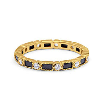 Full Eternity Wedding Band Yellow Tone, Simulated Black CZ 925 Sterling Silver